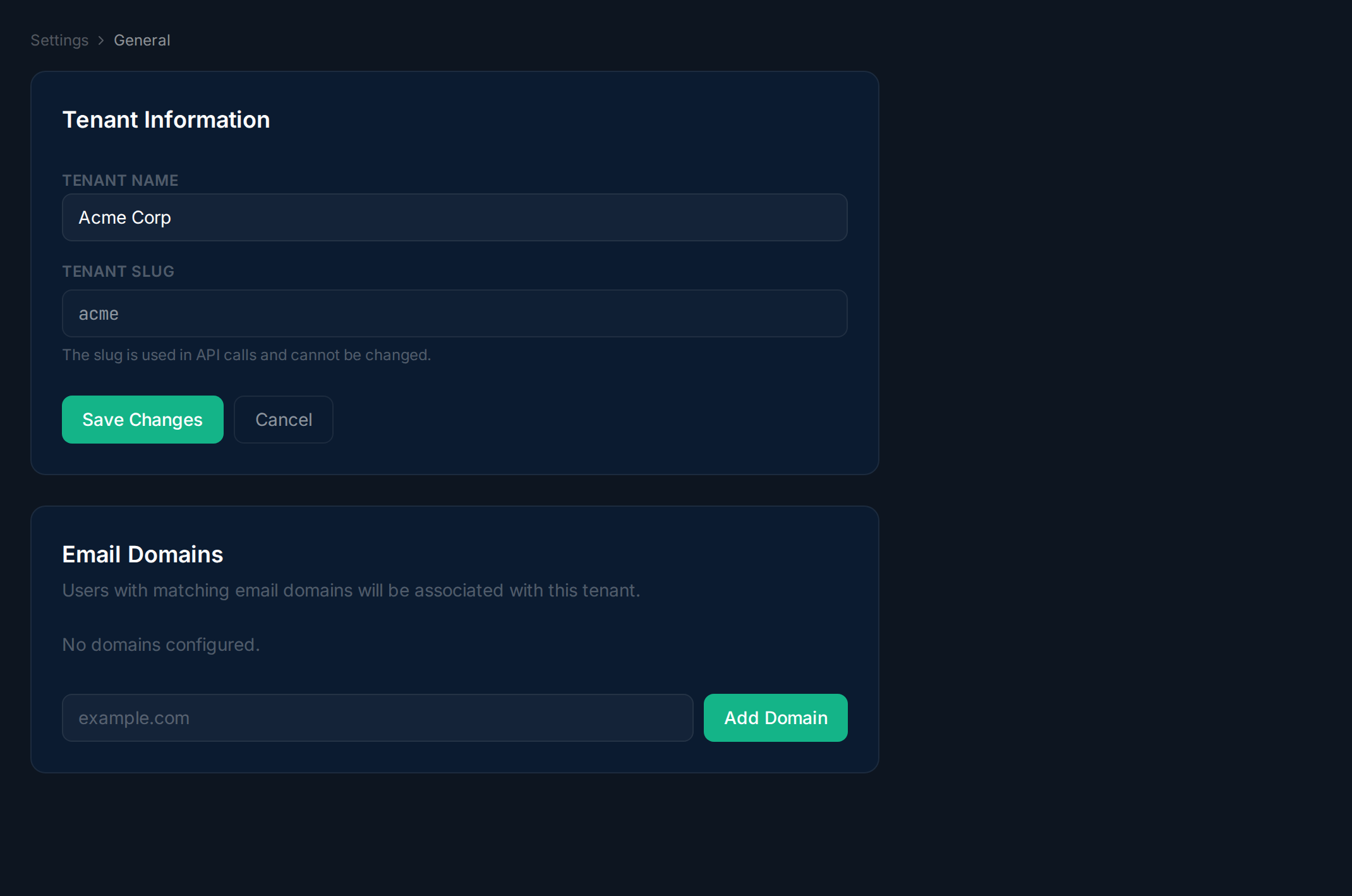 Tenant name and slug configuration